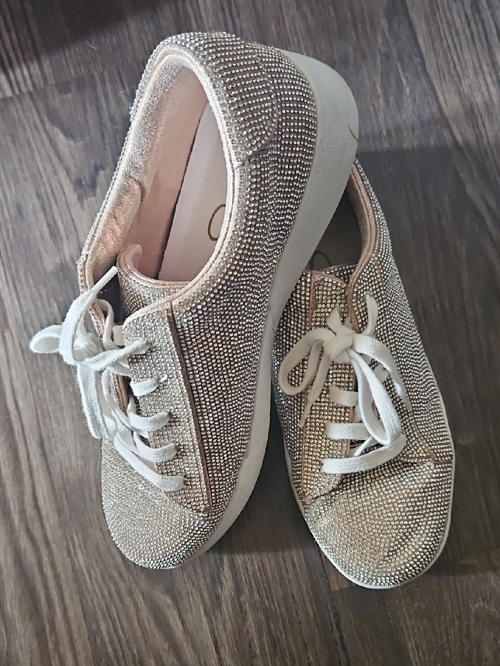 Blingy Shoes-Jessica Simpson Champagne Crystal Lace-Up Sneakers